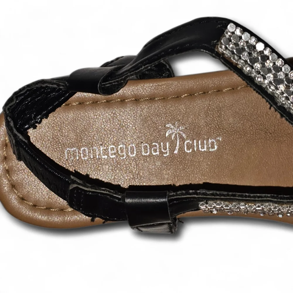 Montego Bay Club Black Rhinestone T-Strap‎ Sandals Size 6.5